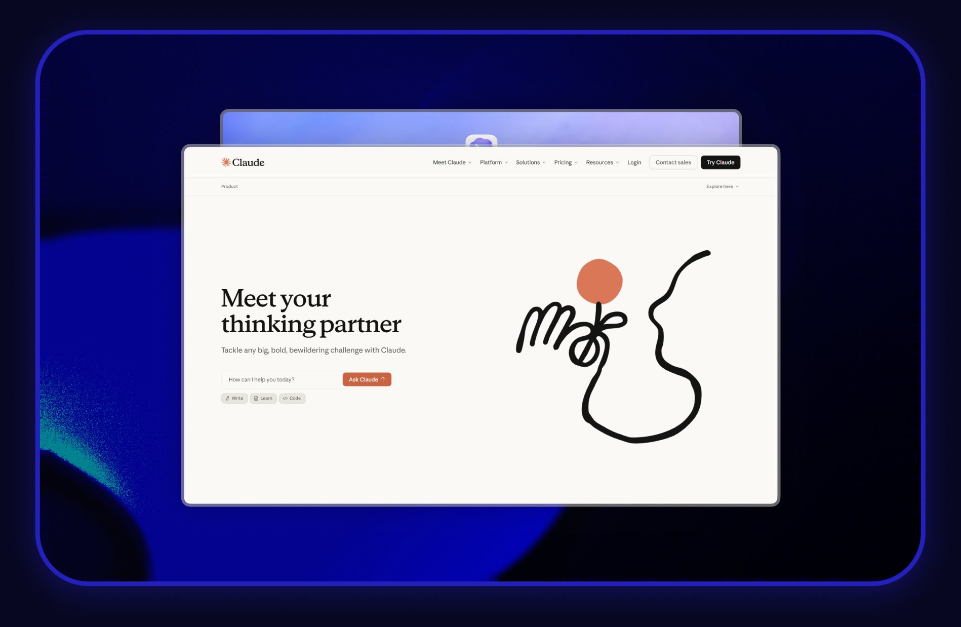 Claude-homepage in een browservenster op een donkerblauwe achtergrond, de AI-assistent waarmee wij programmeren