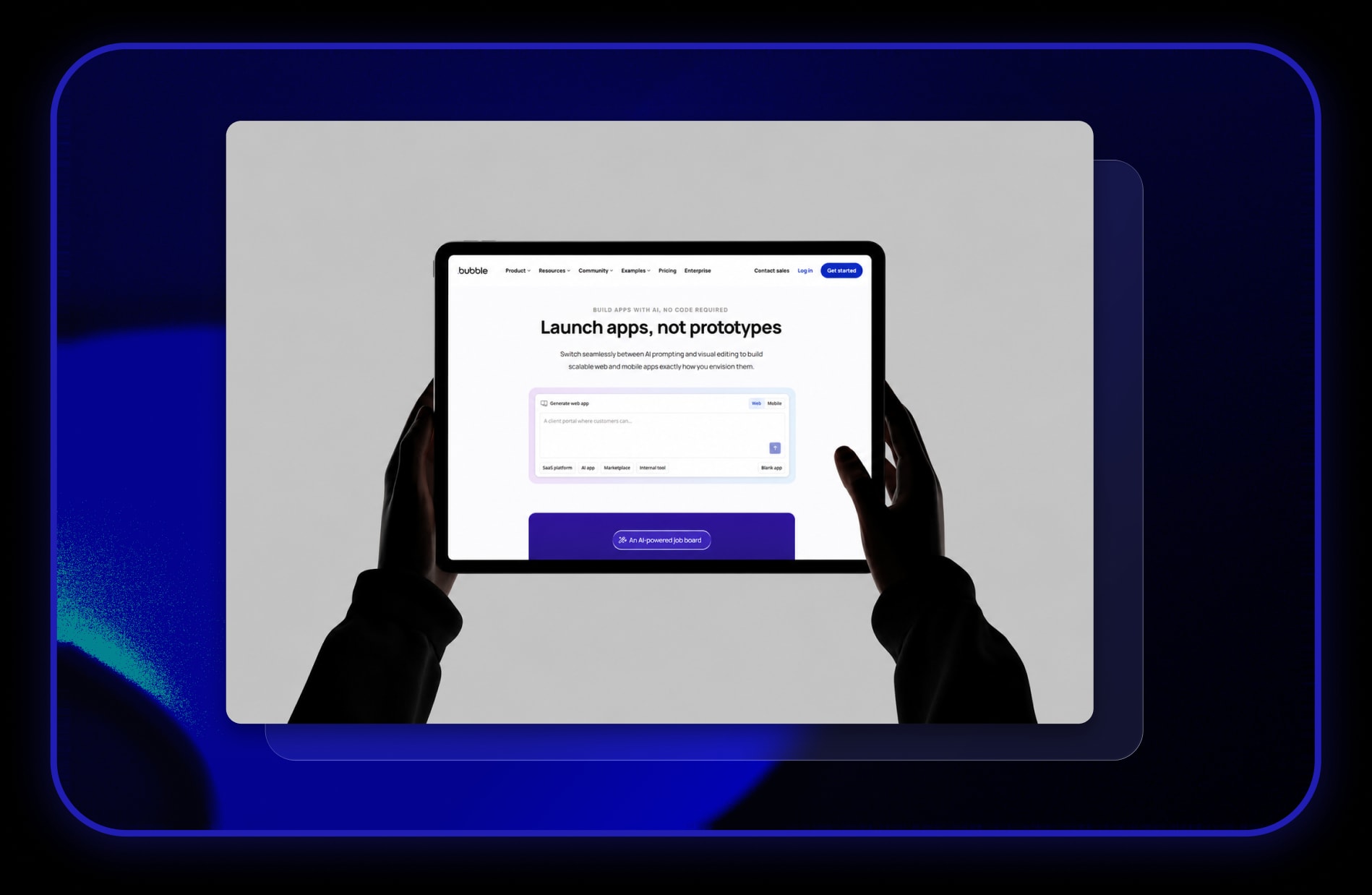 Hände halten ein Tablet mit der Bubble-Startseite und dem KI-App-Generator, der Plattform, auf der wir entwickeln