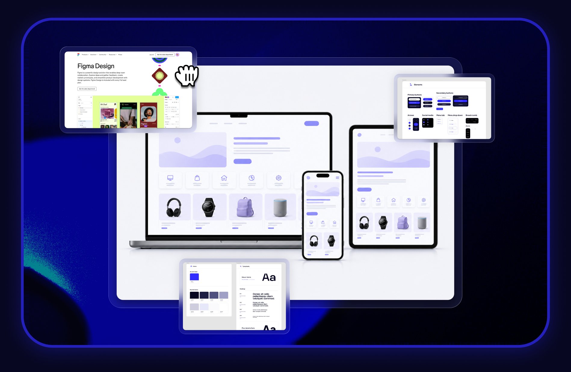 Figma Design-pagina en designsysteempagina's, plus een responsive webshopontwerp op laptop, tablet en telefoon