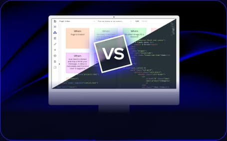 Een monitor in tweeën gedeeld met links een visuele builder en rechts code, met "VS" om aanpakken te vergelijken