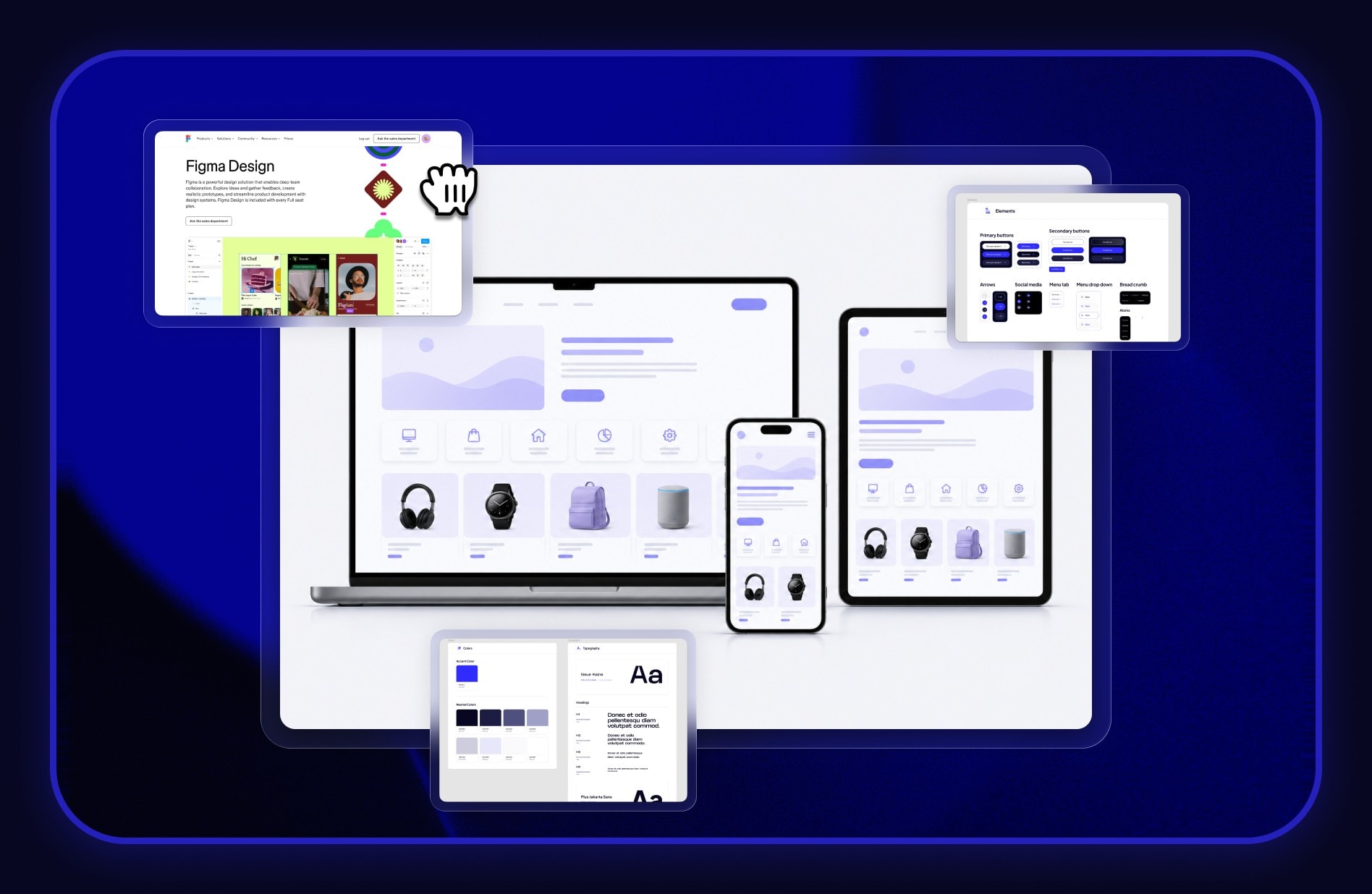 Figma Design page, design system elements and responsive web shop mockups on laptop, tablet and phone