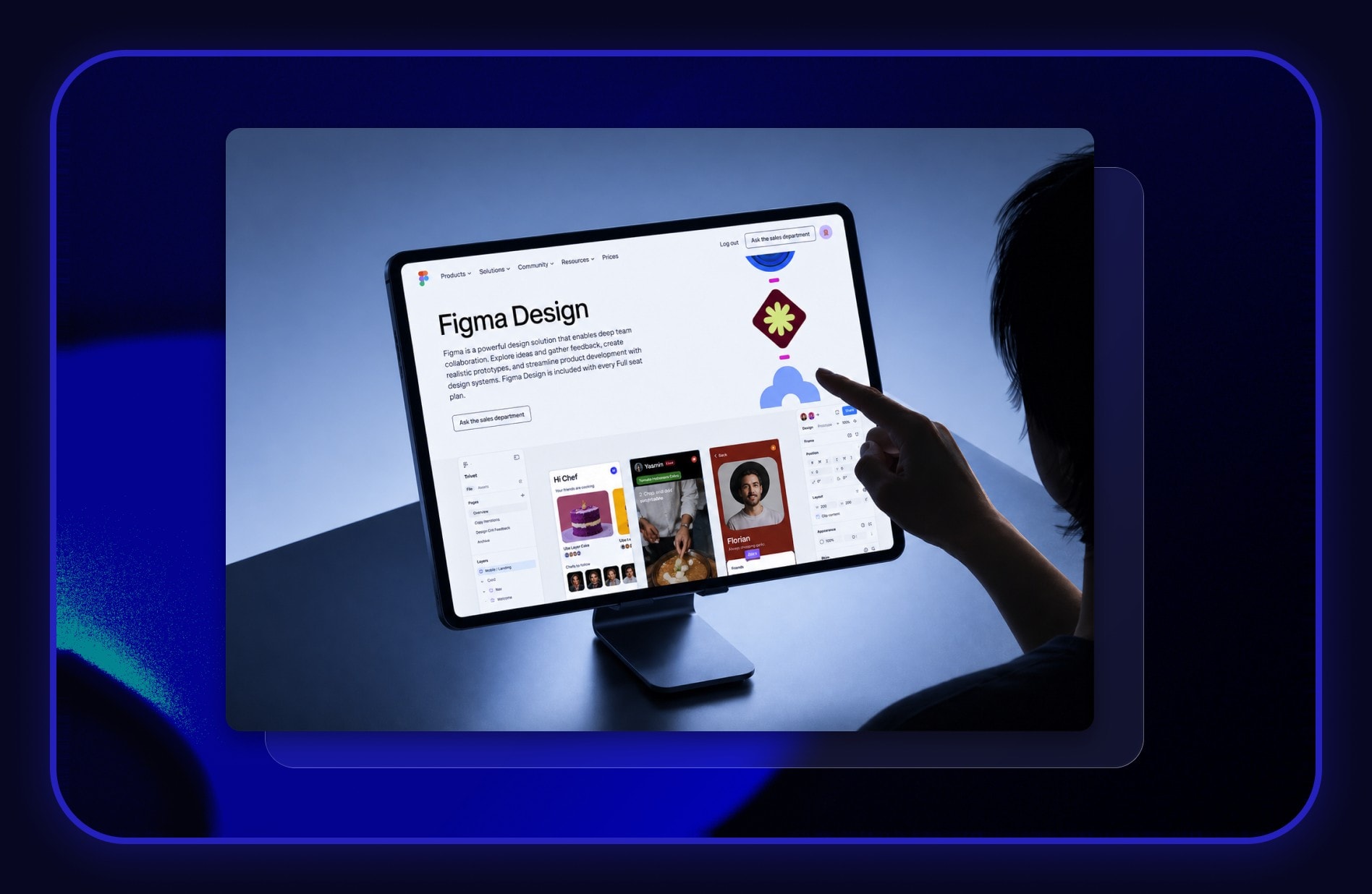 A person touching a tablet that shows the Figma Design homepage and an app design being edited
