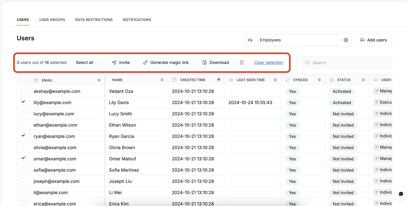 Softr's Users tab with users selected and the Download button