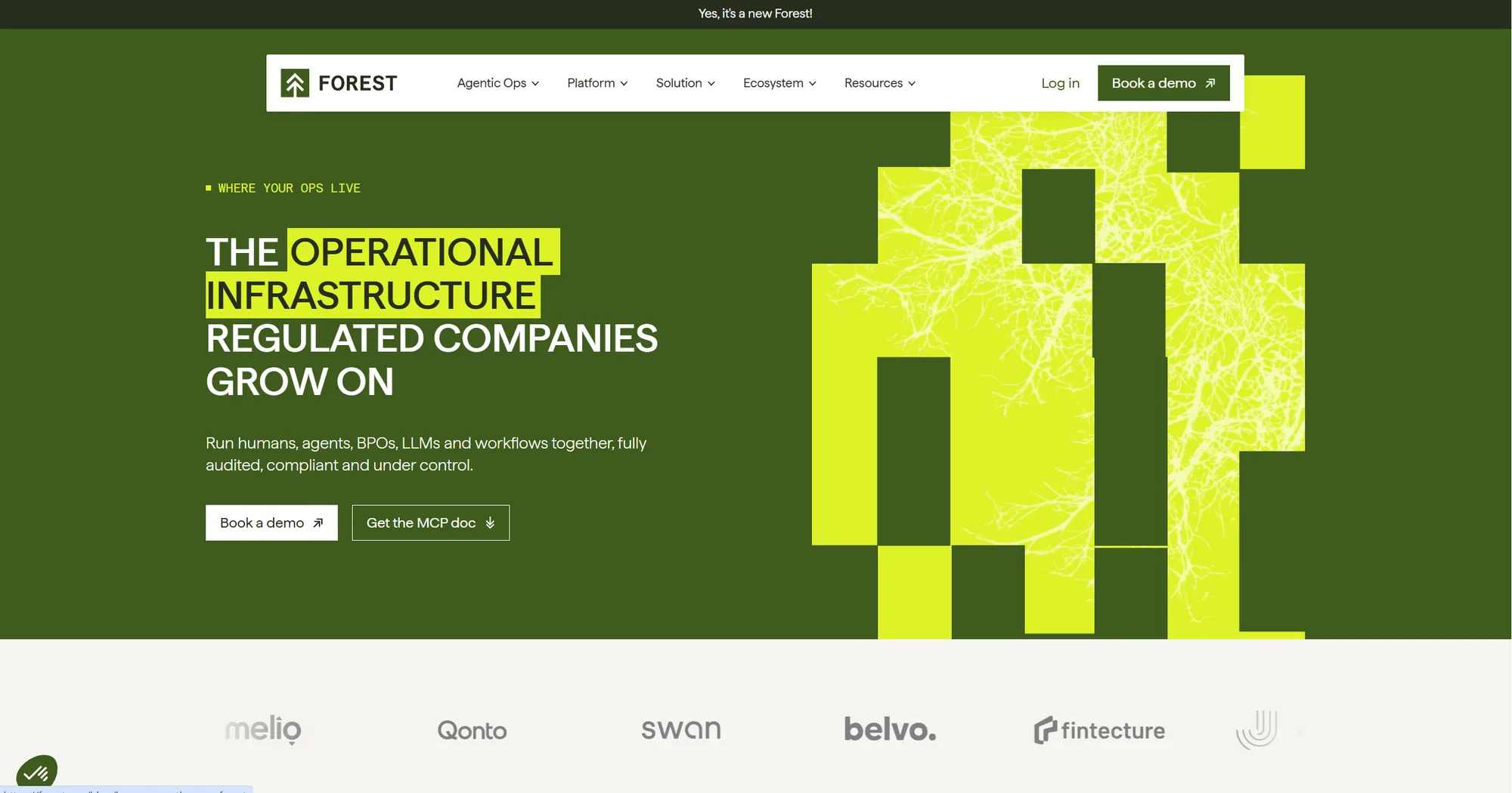Forest Admin homepage: 'The operational infrastructure regulated companies grow on' on green, with Qonto and Swan logos