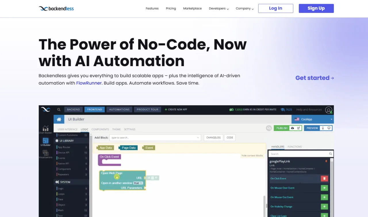 Homepage van Backendless met AI-automatisering, met de visuele UI-builder en logicablokken onder de kop