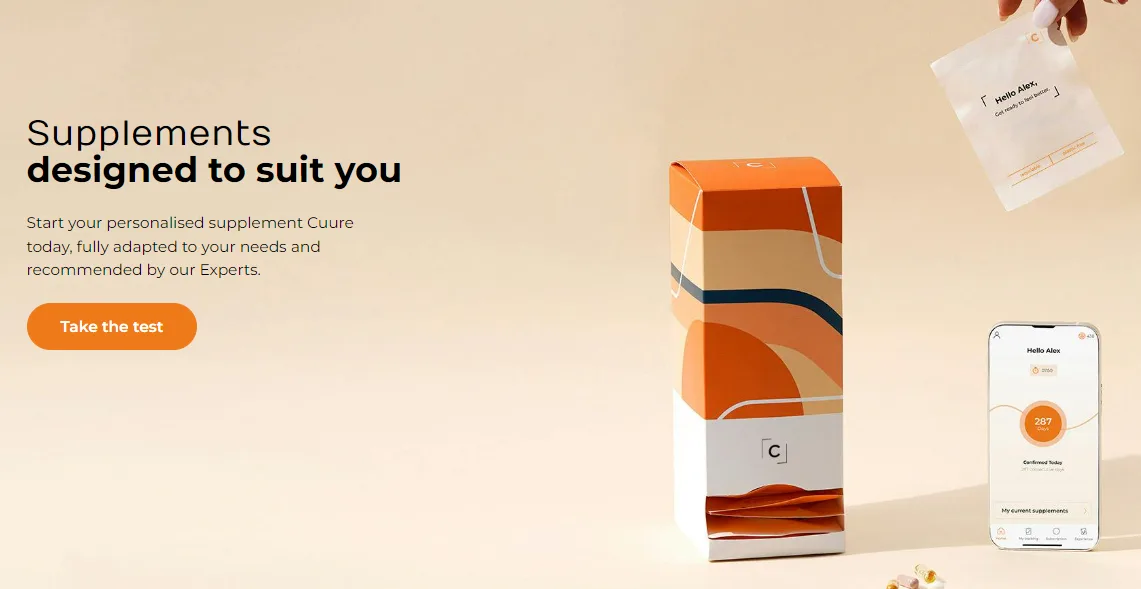 Cuure homepage for personalised supplements, showing a product box, a phone app and a Take the test button