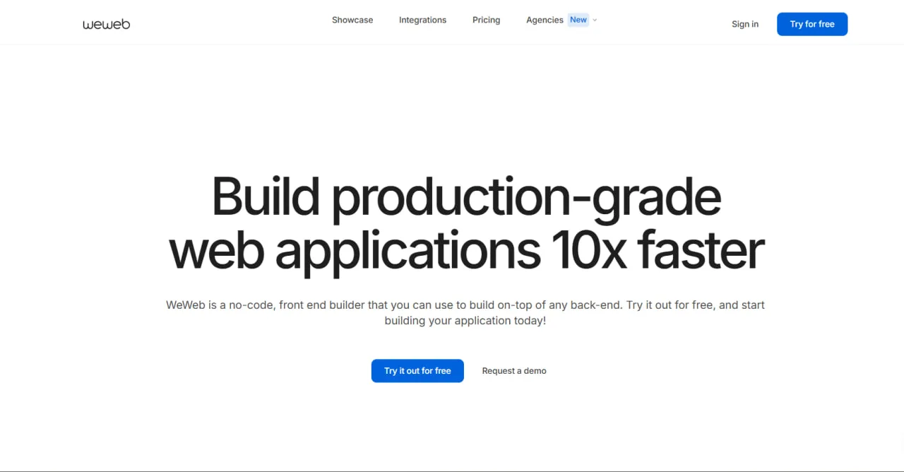Startseite von WeWeb, "Build production-grade web applications 10x faster", mit Buttons für kostenlosen Test und Demo-Anfrage