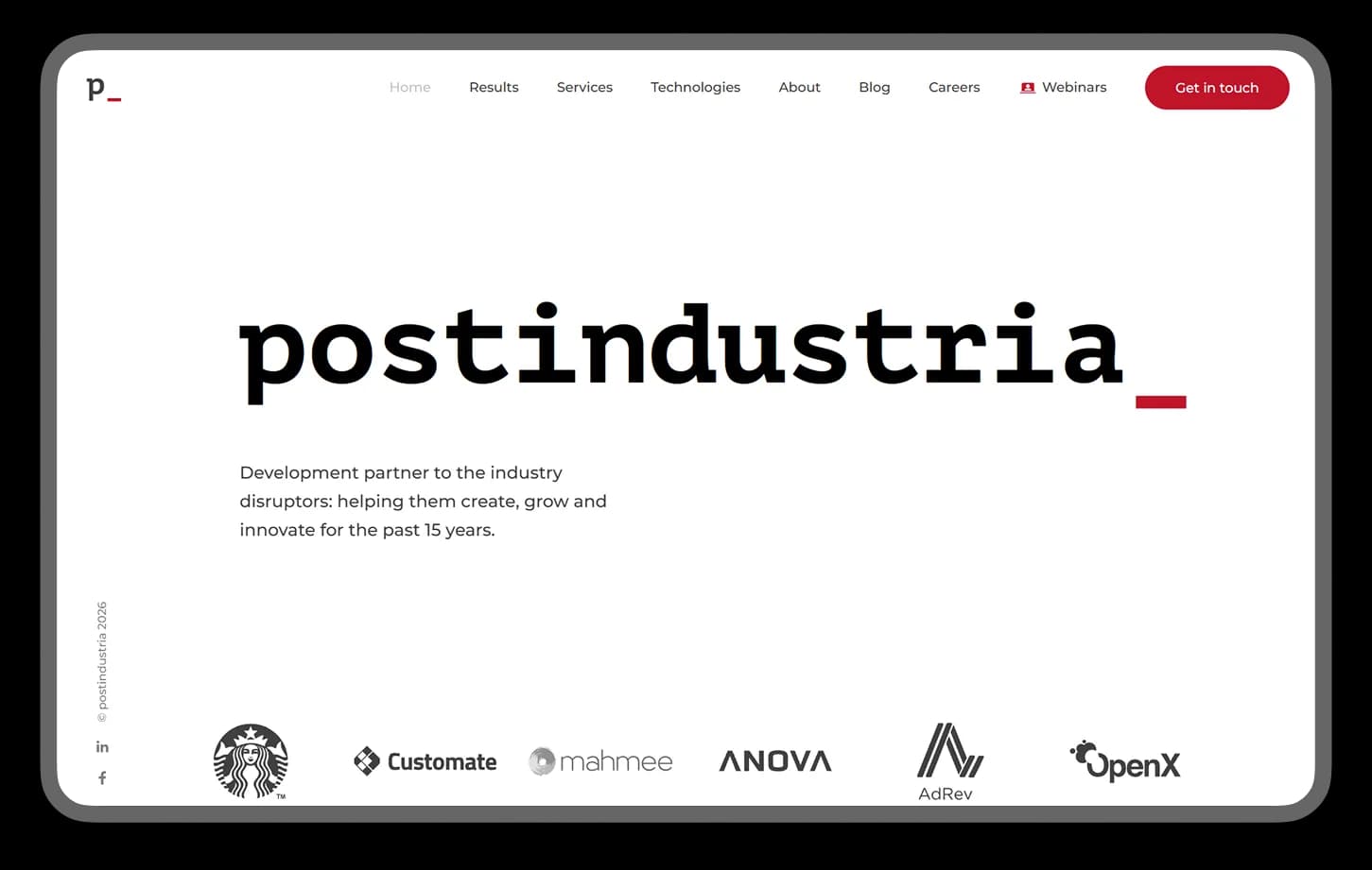 Postindustria homepage: 'Development partner to the industry disruptors' with client logos such as Starbucks and OpenX