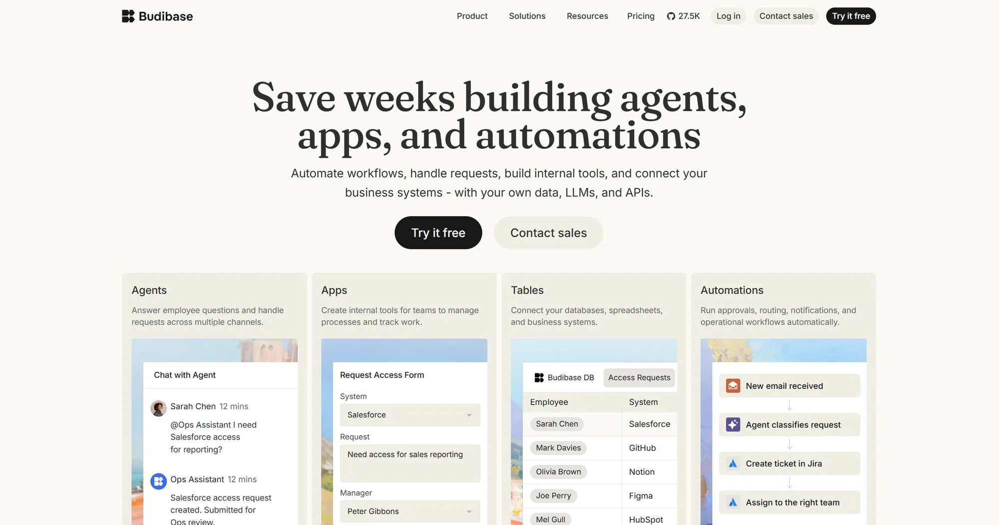 Budibase homepage: 'Save weeks building agents, apps, and automations' with previews of Agents, Apps, Tables and Automations