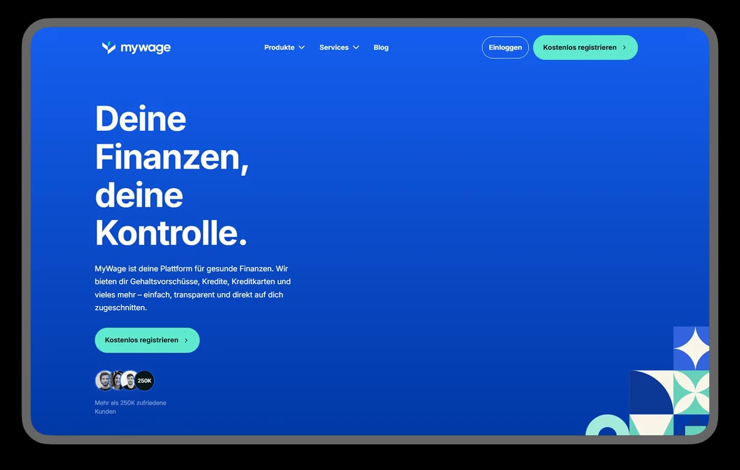 MyWage-homepage 'Deine Finanzen, deine Kontrolle' met blauwe achtergrond en meer dan 250K tevreden klanten