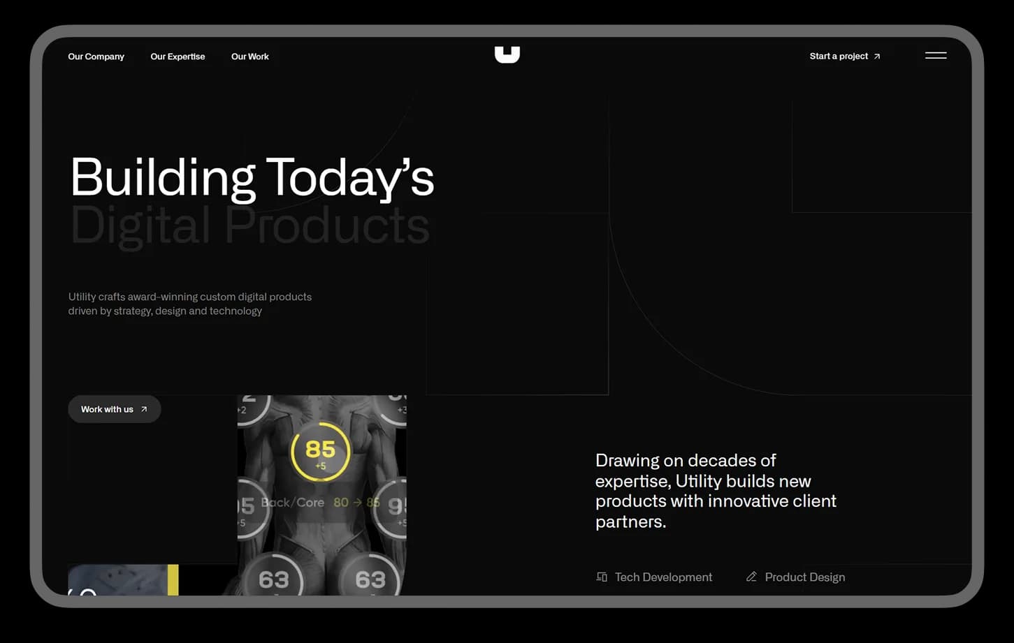 Utility homepage on a dark background: 'Building Today's Digital Products' with a fitness app preview showing a score of 85