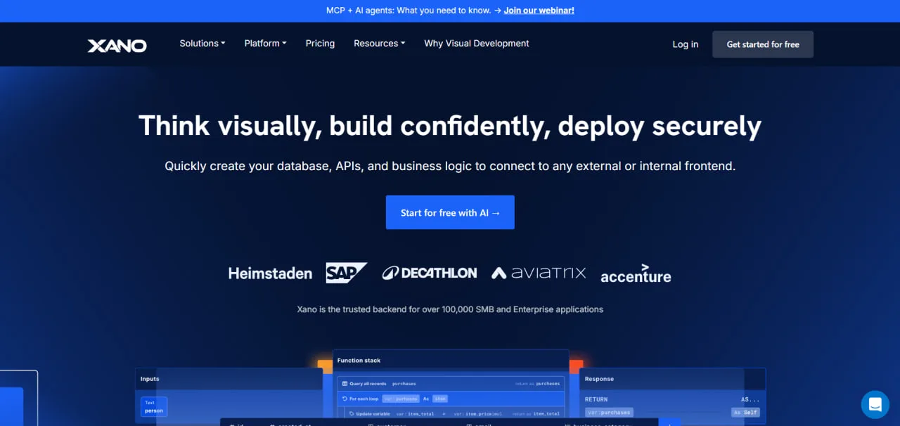 Die Xano-Startseite mit visueller Backend-Entwicklung und einem Beispielworkflow.