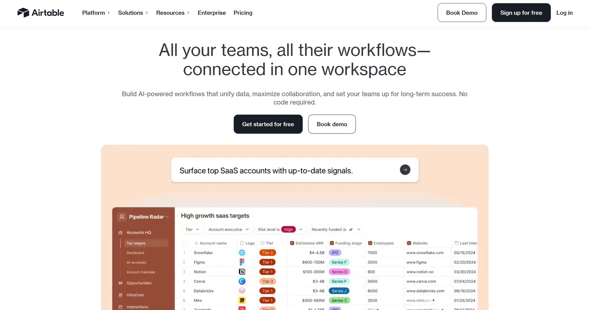 Airtable homepage: 'All your teams, all their workflows, connected in one workspace' with a Pipeline Radar table preview