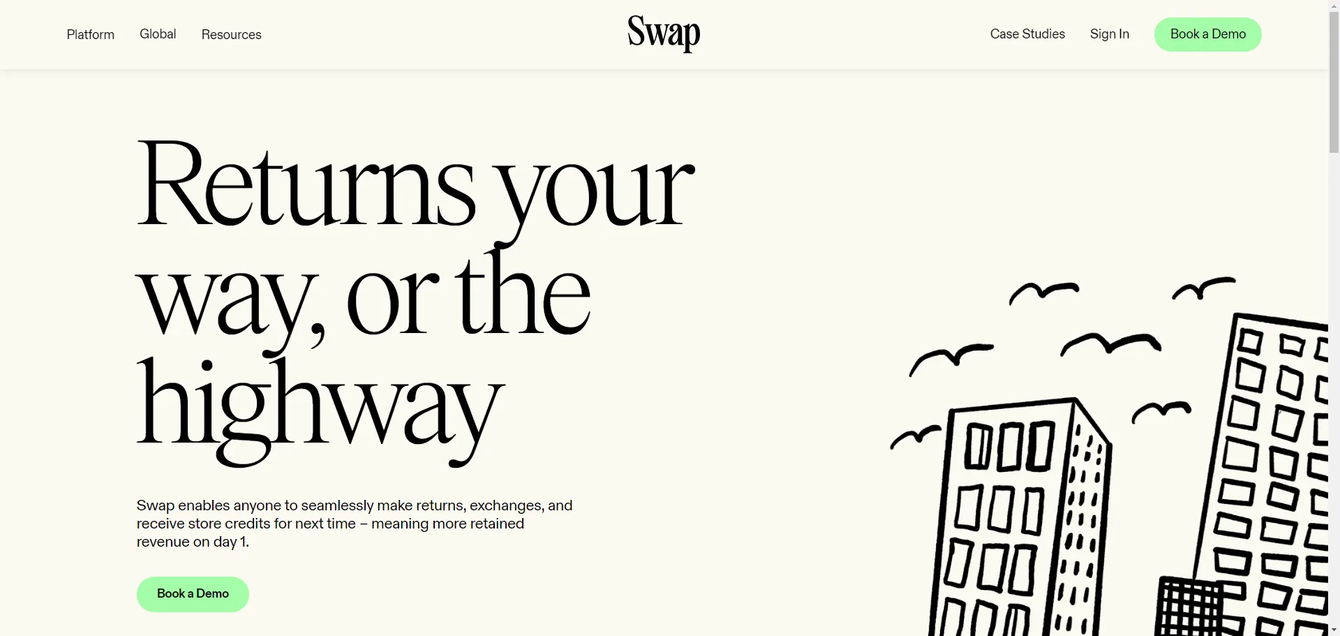 Startseite von Swap mit der Überschrift "Returns your way, or the highway" für die Retouren- und Umtauschplattform