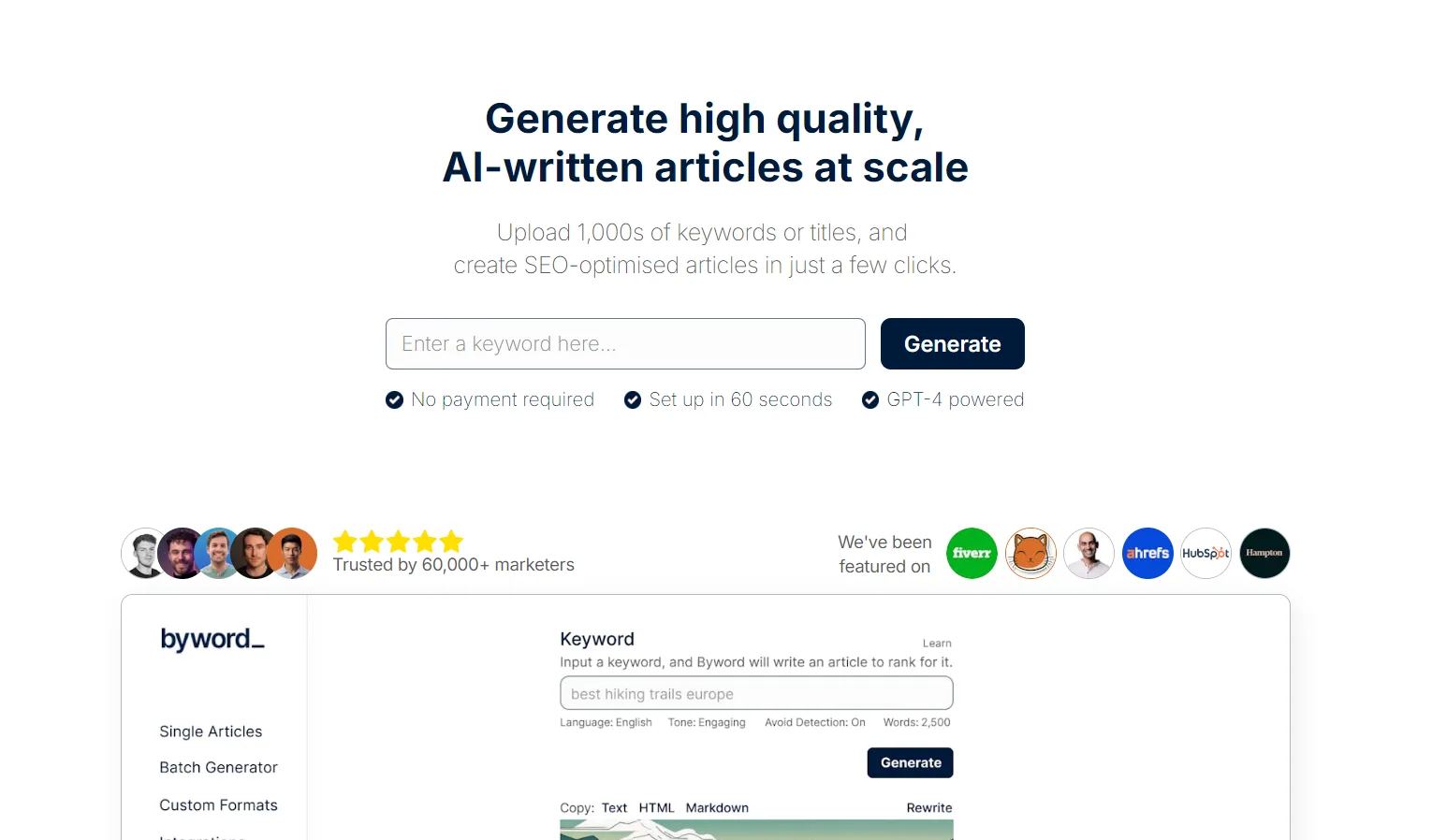 Startseite von Byword zur KI-Artikelerstellung mit Keyword-Feld, Generate-Button und "Trusted by 60,000+ marketers"