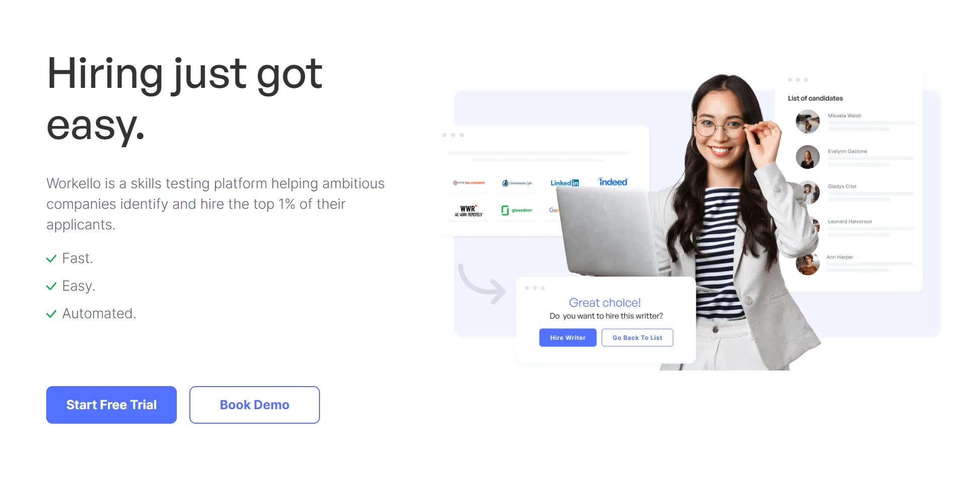 Startseite von Workello, "Hiring just got easy", einer Skill-Test-Plattform, mit Kandidatenliste und Einstellungs-Hinweis
