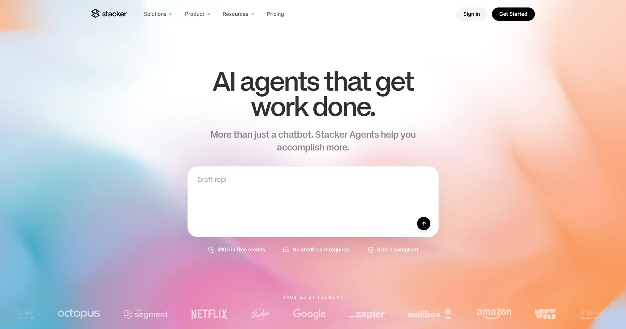 Stacker homepage: 'AI agents that get work done' on a colorful gradient, with Netflix, Google and Amazon logos below