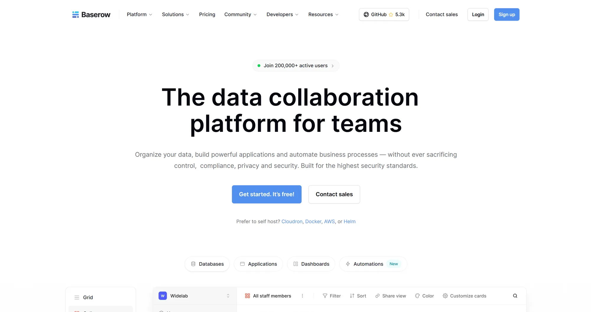 Baserow homepage: 'The data collaboration platform for teams' with tabs: Databases, Applications, Dashboards and Automations