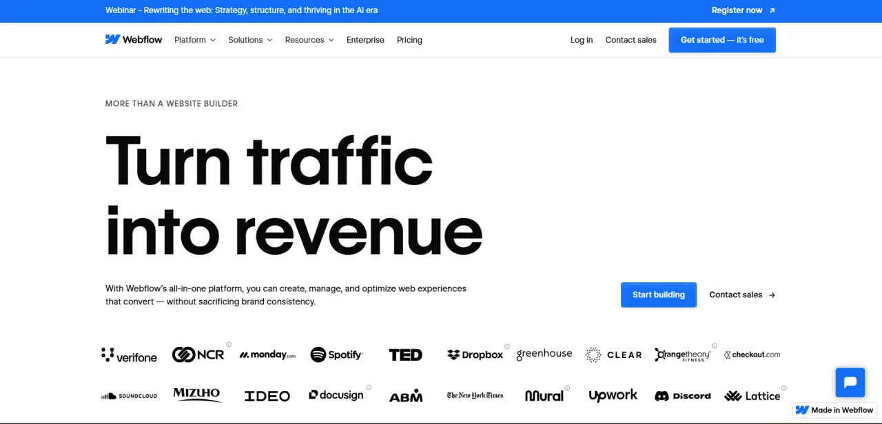 Homepage van een websitebouwer: 'Turn traffic into revenue' boven logo's van Spotify, Dropbox, Discord en meer
