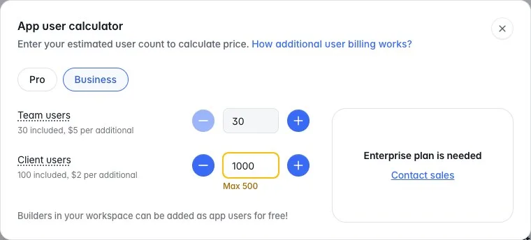 Softr's app user calculator showing Enterprise plan is needed above 500 client users