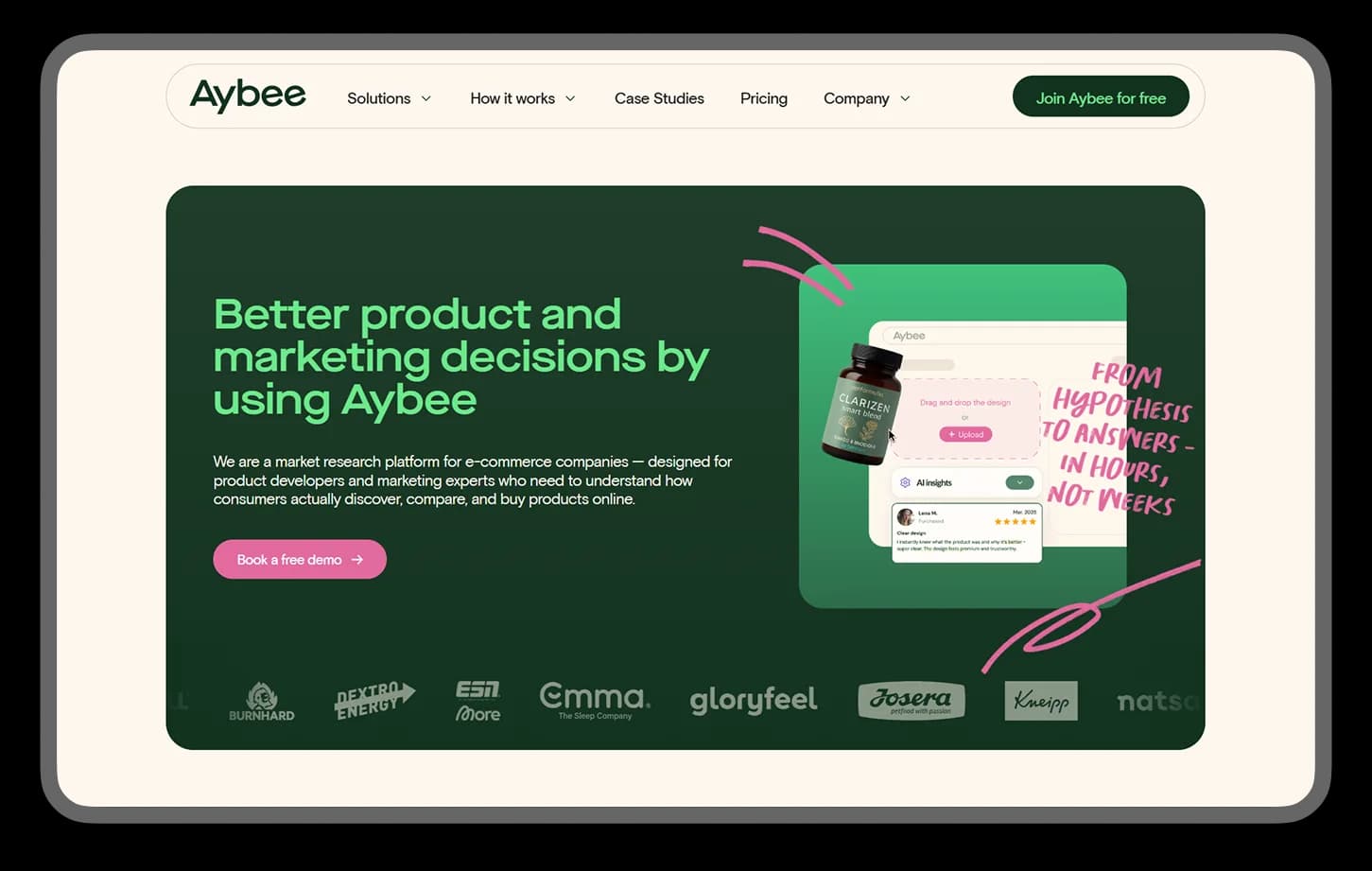 Aybee product and marketing research homepage