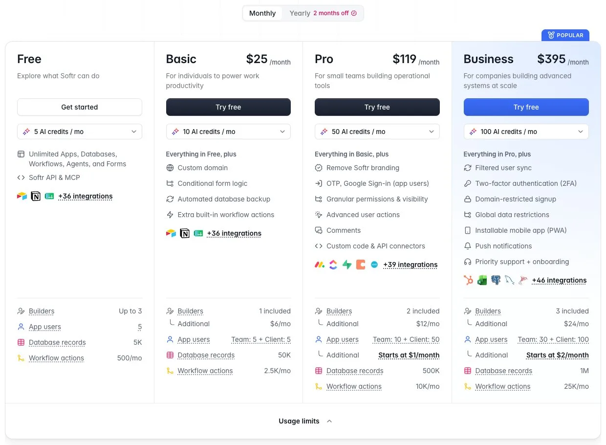 Softr pricing page with monthly billing and usage limits expanded