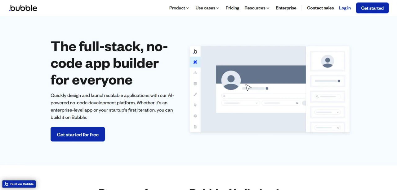 Bubble homepage headline "The full-stack, no-code app builder for everyone" with a visual editor preview