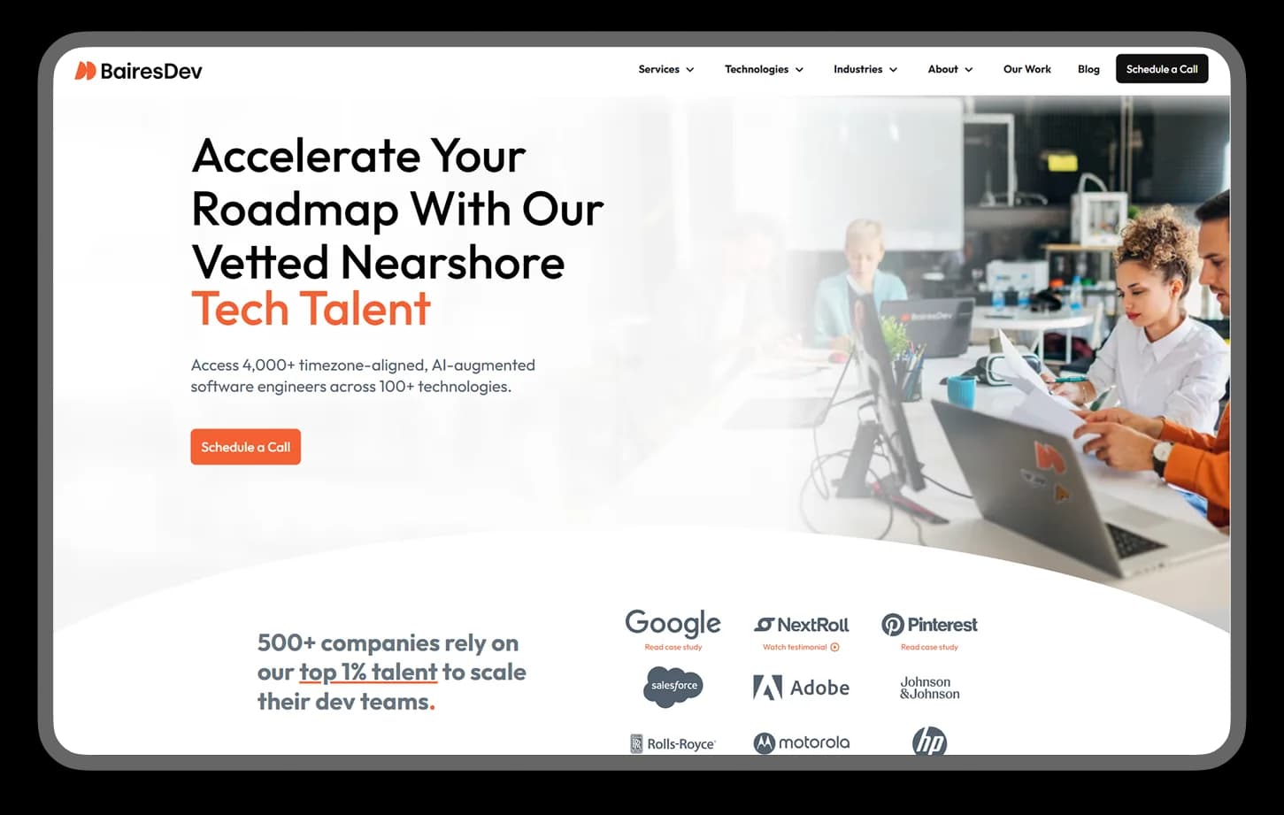 BairesDev homepage hero: "Accelerate Your Roadmap With Our Vetted Nearshore Tech Talent" with an office photo and client logos like Google and Adobe