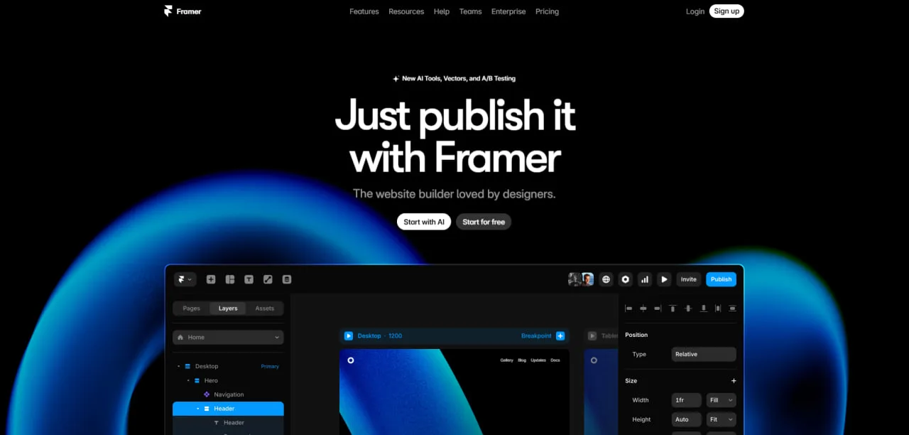 Framer-homepage met de kop 'Just publish it with Framer' boven de visuele editor met lagenpaneel en desktopcanvas