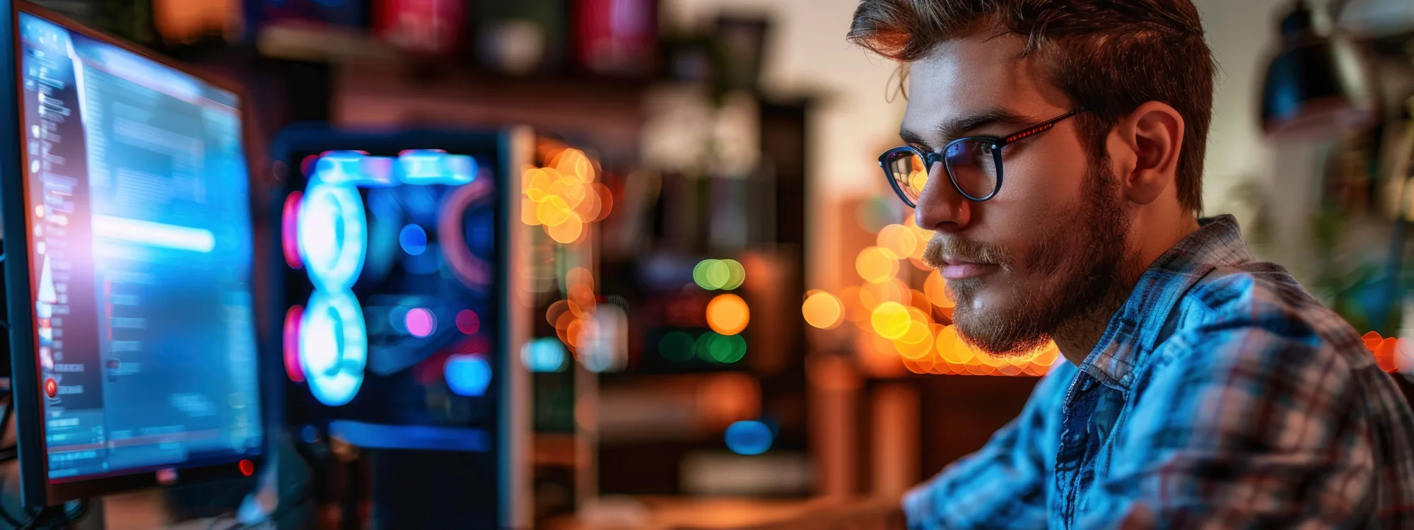 Bearded developer with glasses focused on a monitor, with a glowing PC and colourful bokeh lights in the background