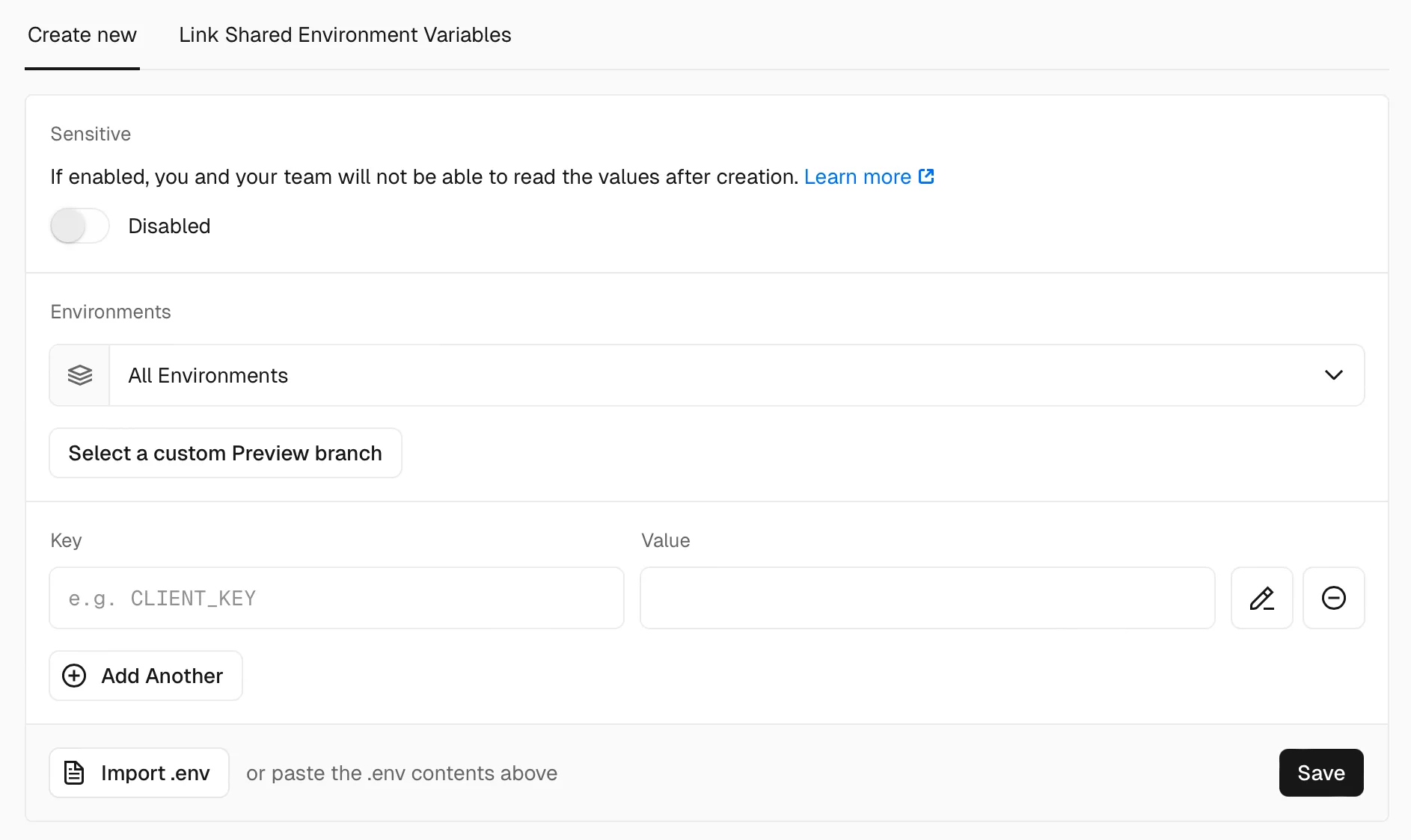 Vercel's environment variables form with Key, Value and Import .env
