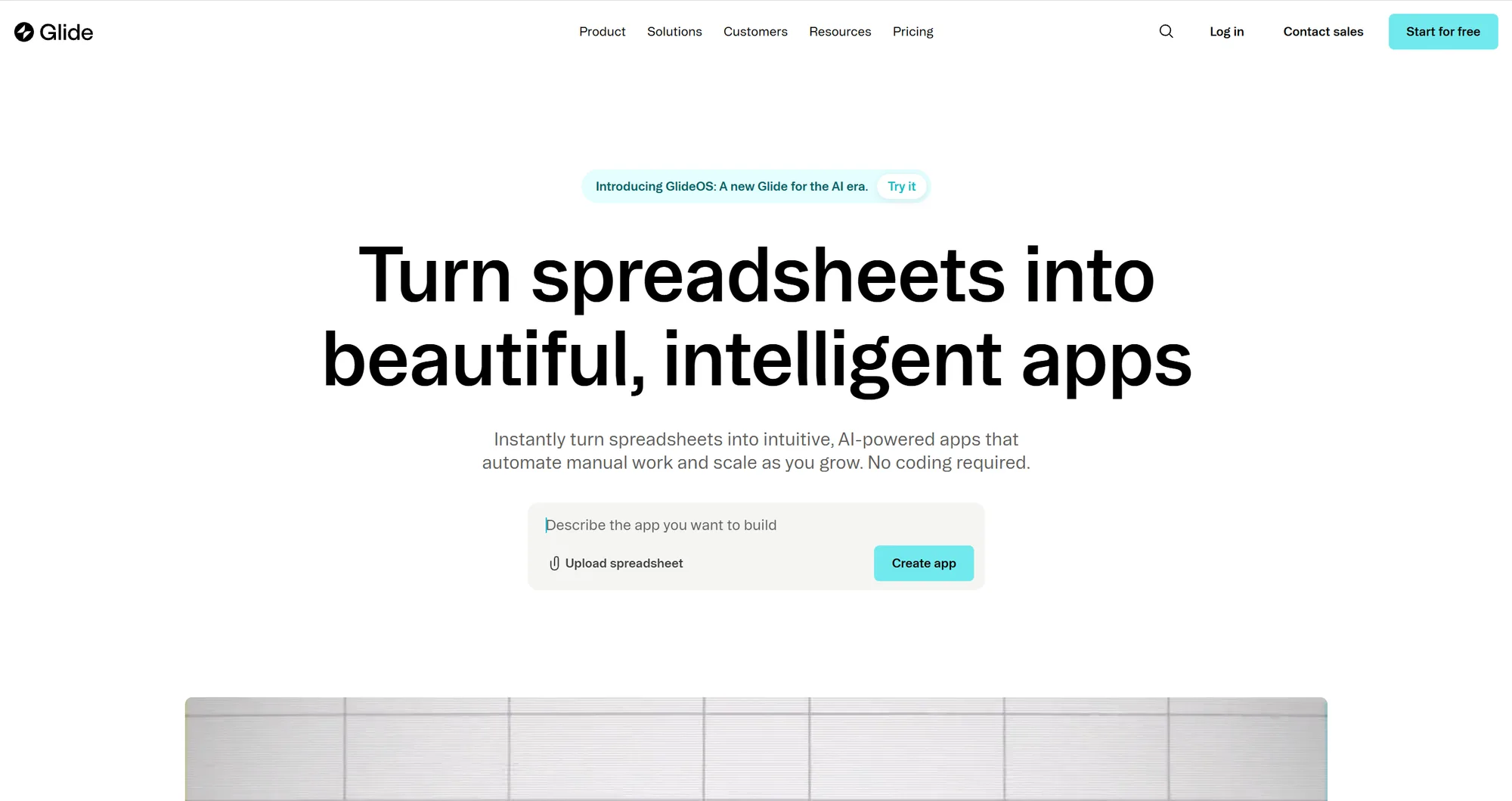 Glide homepage: 'Turn spreadsheets into beautiful, intelligent apps' with an app description field and upload button
