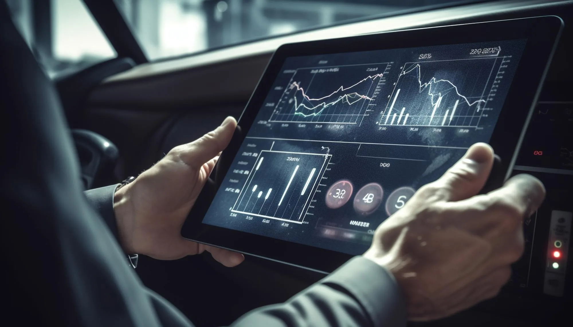 Een tablet toont grafieken en dashboardgegevens.