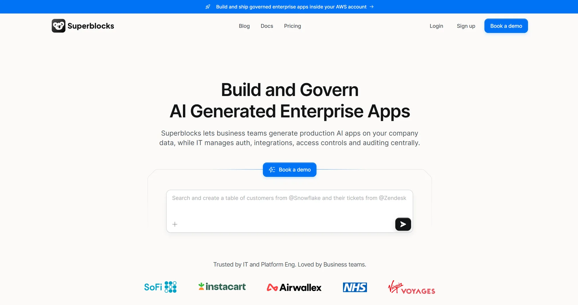 Superblocks homepage: 'Build and Govern AI Generated Enterprise Apps' with a prompt box and logos of SoFi and the NHS