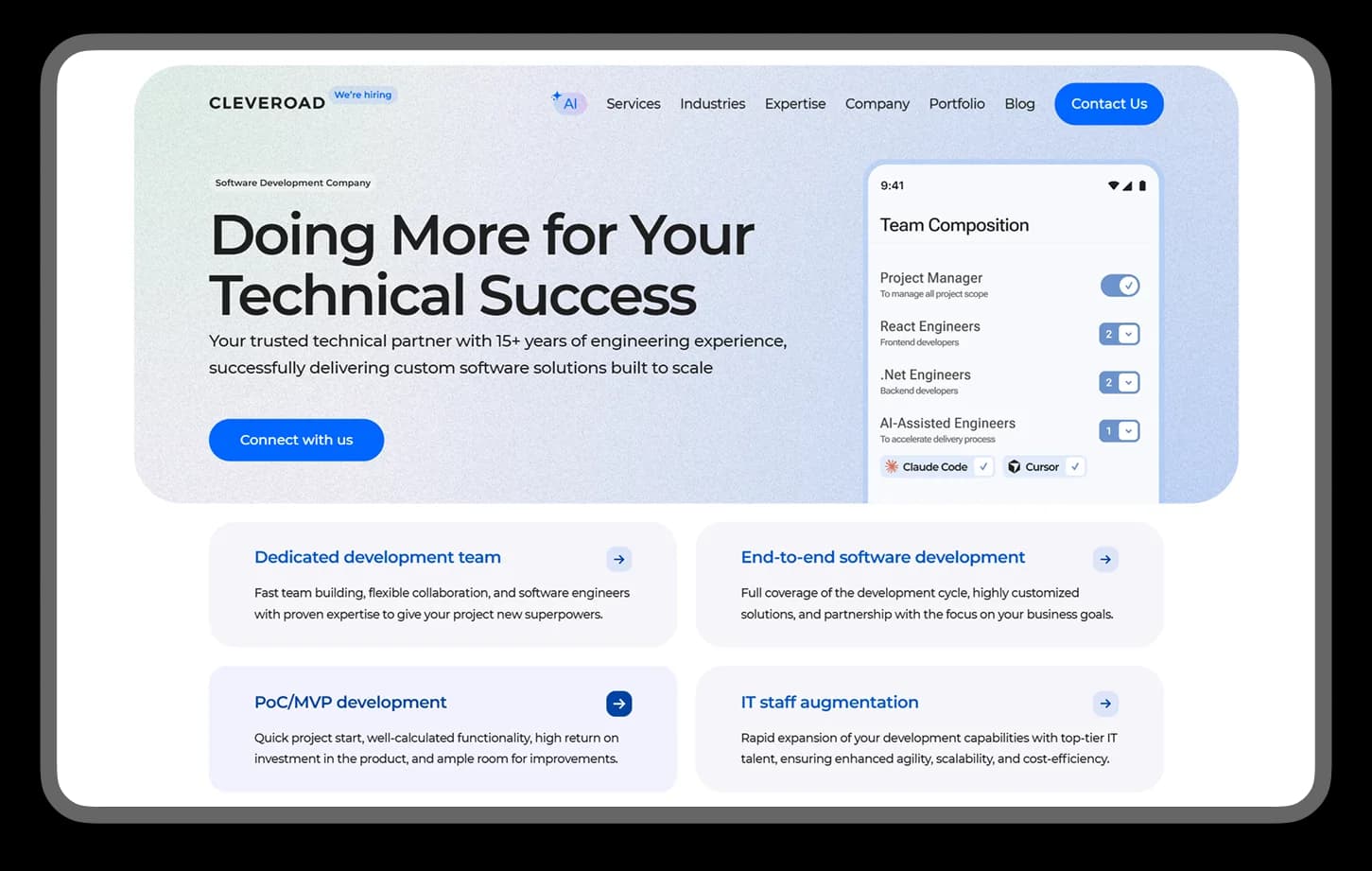 Cleveroad homepage: 'Doing More for Your Technical Success' with a team composition app mockup and four service cards