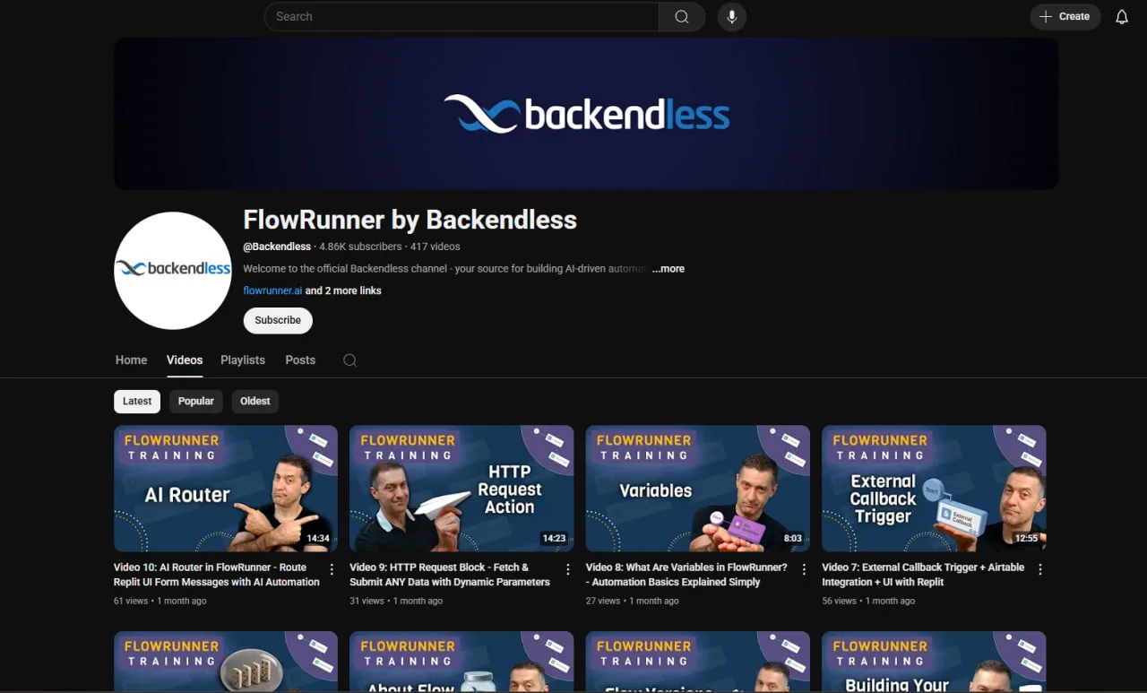 Backendless FlowRunner YouTube channel with training videos on the AI router, HTTP requests, variables and callback triggers