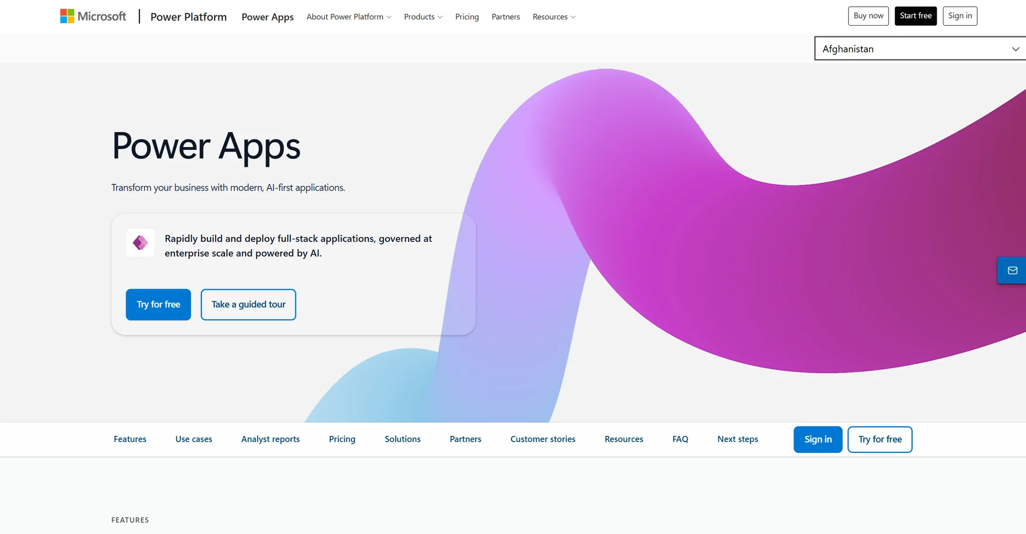 Microsoft Power Apps product page: 'Transform your business with modern, AI-first applications' with a purple ribbon graphic