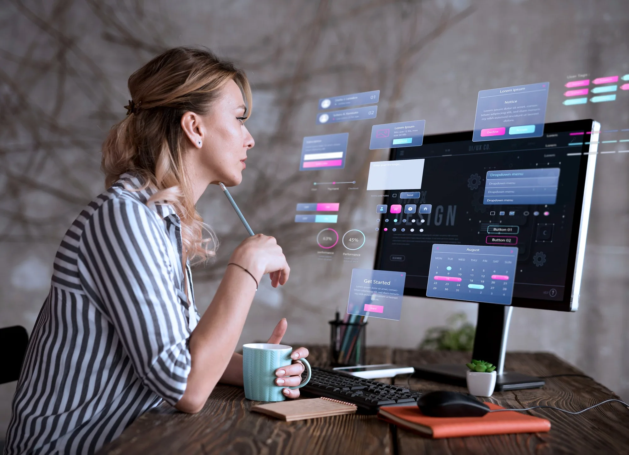 Ontwerper aan een bureau bekijkt een monitor met zwevende app-interface-elementen zoals menu's, knoppen en een kalender