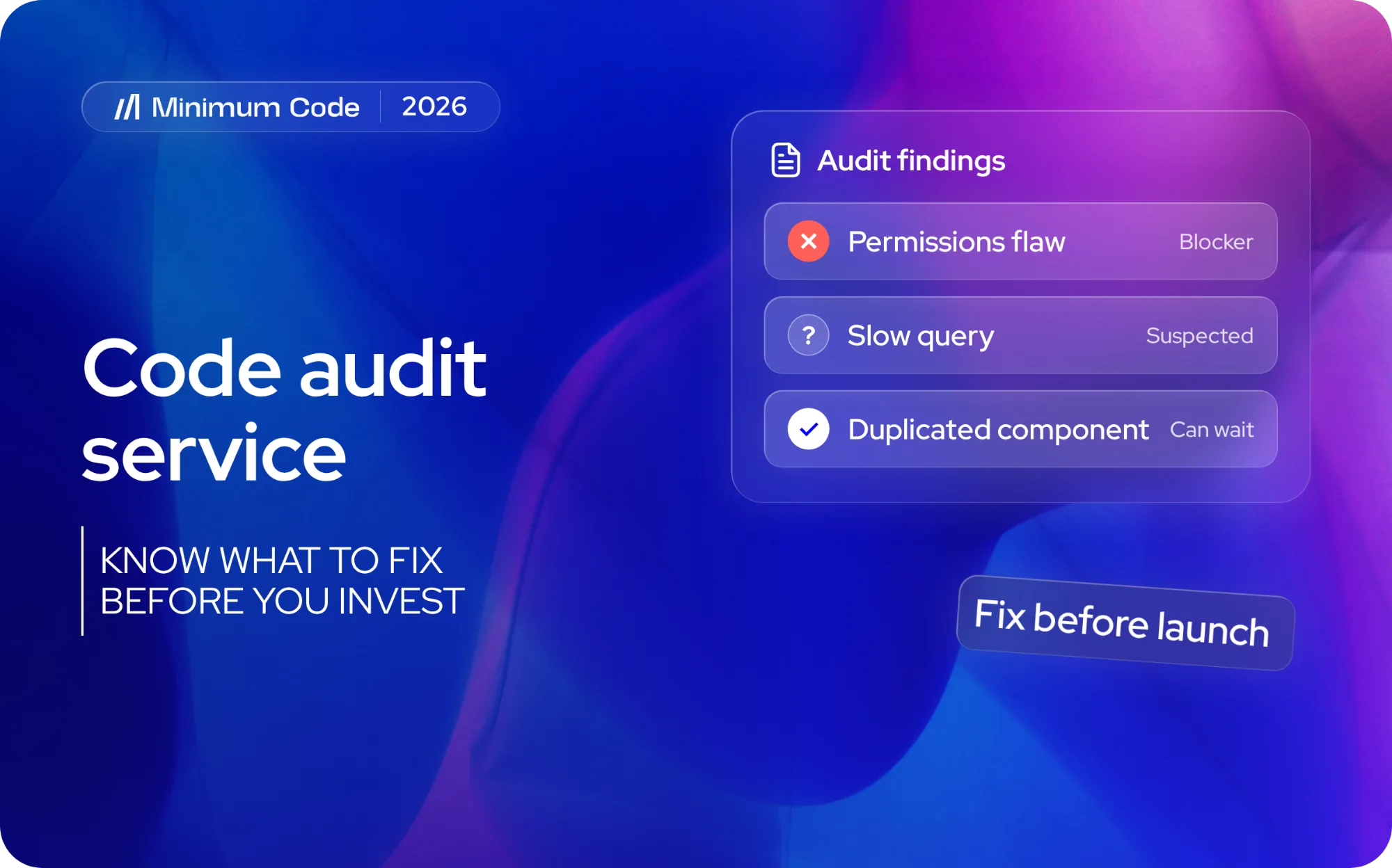 Auditbevindingen ingedeeld in een fout in de rechten die de lancering blokkeert, een vermoedelijk trage query en een gedupliceerd component dat kan wachten