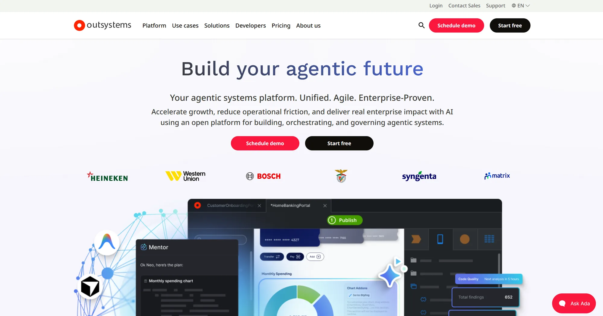 OutSystems homepage: 'Build your agentic future' with customer logos like Heineken and Bosch above an editor preview