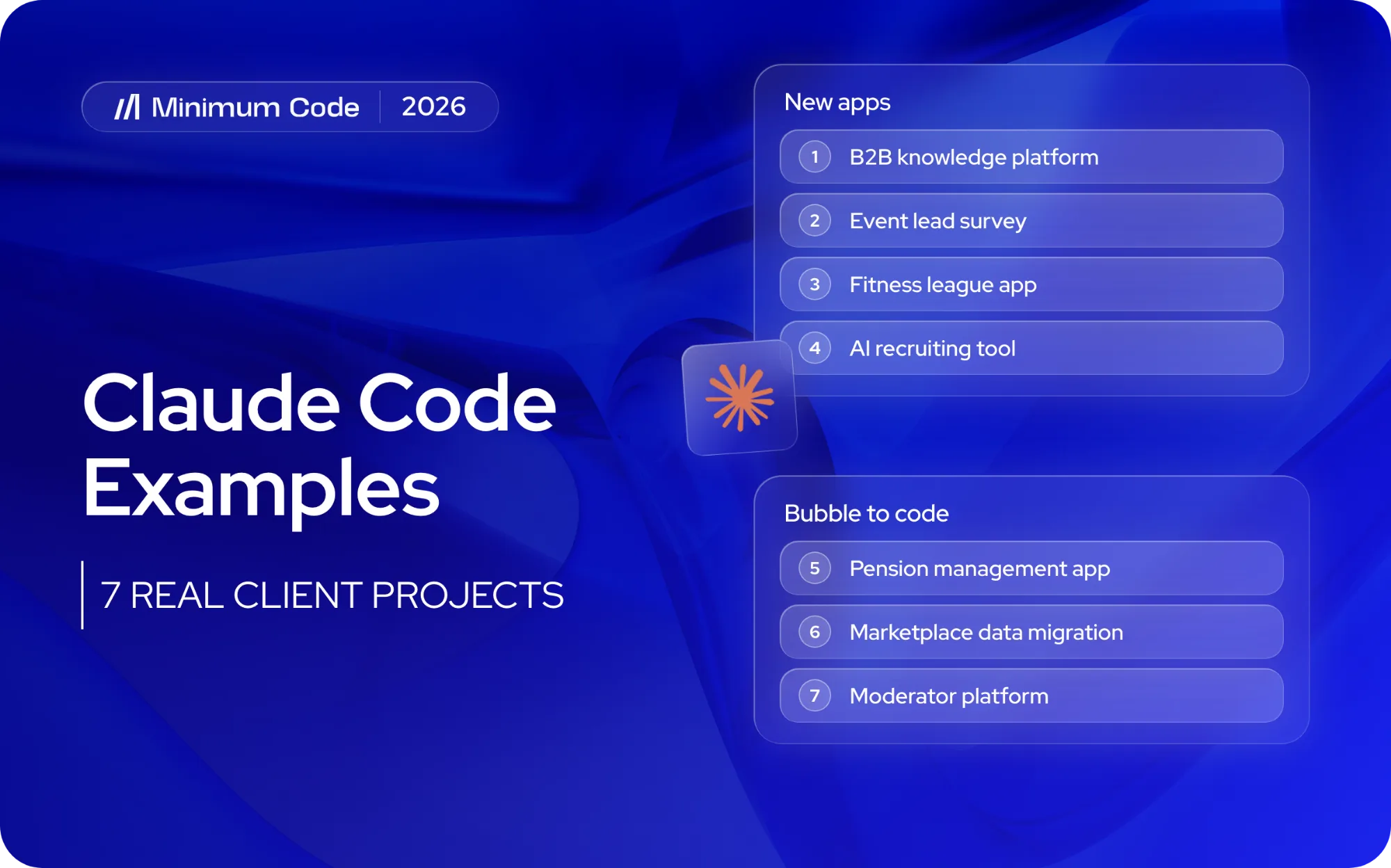 Seven Claude Code client projects as numbered rows: four new apps and three Bubble-to-code projects
