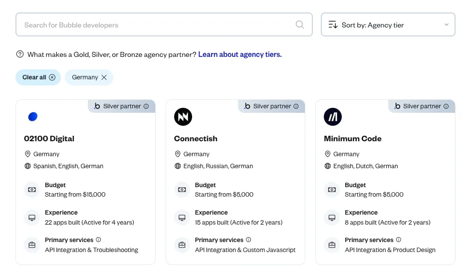Bubble-bureaugids gefilterd op Duitsland met de Silver-partners 02100 Digital, Connectish en Minimum Code
