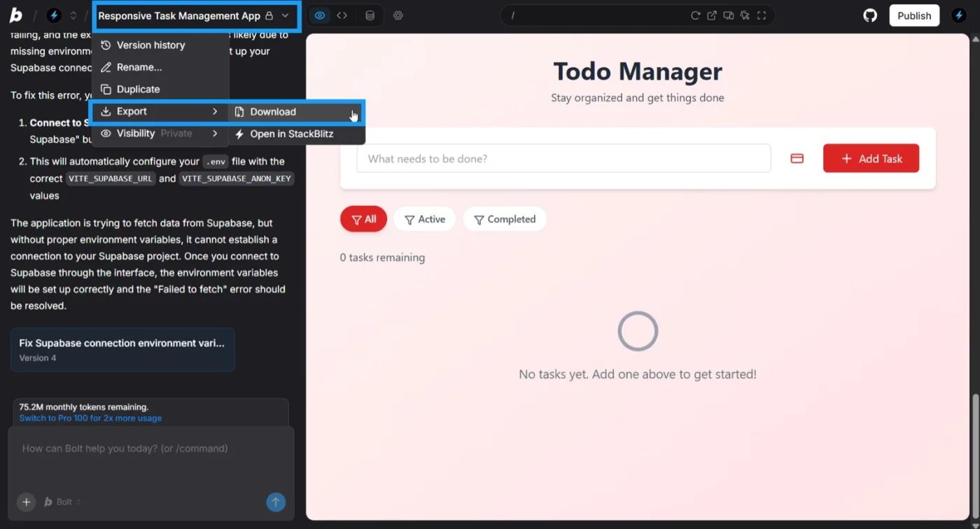 Bolt's project menu with Export open and Download highlighted