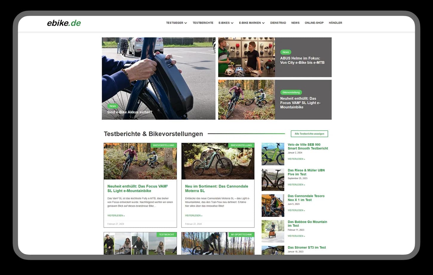 ebike.de homepage with e-bike reviews and articles