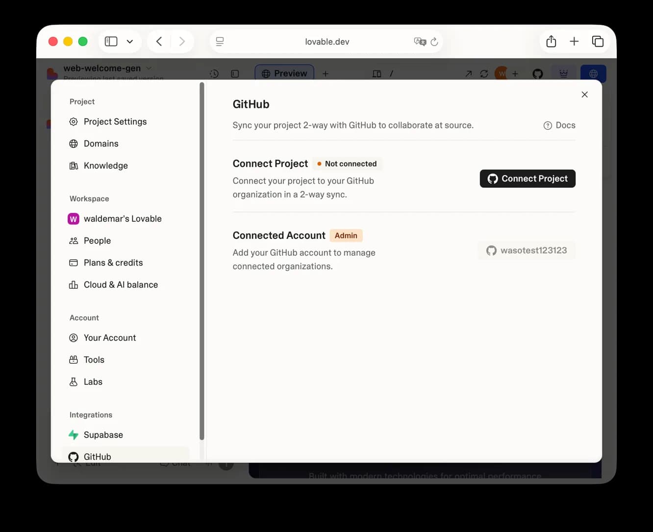 Lovable project settings with the Connect Project button