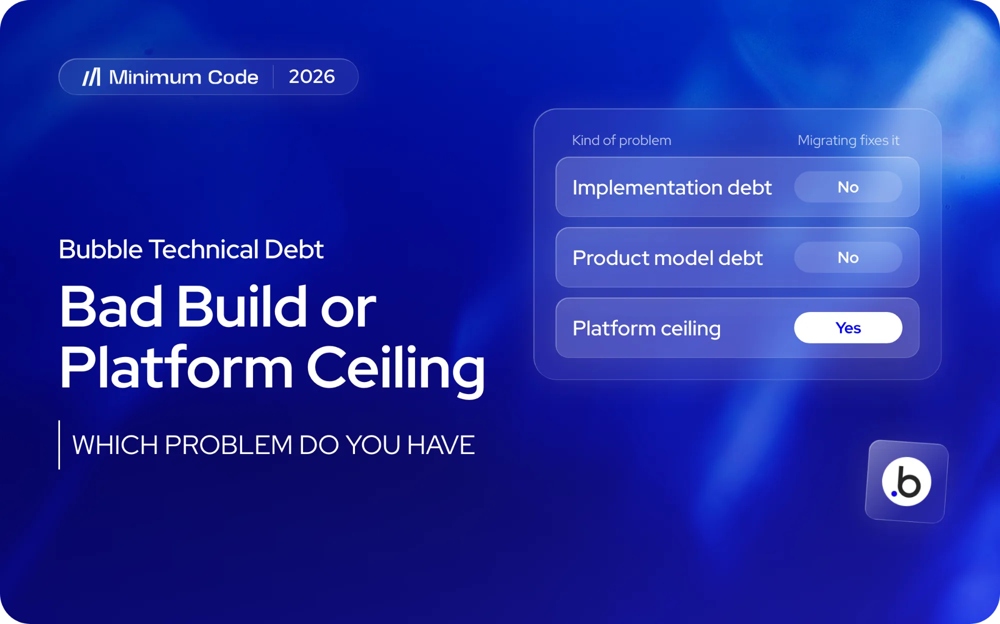 Three kinds of Bubble problem: implementation debt and product model debt are not fixed by migrating, a platform ceiling is, next to the Bubble logo