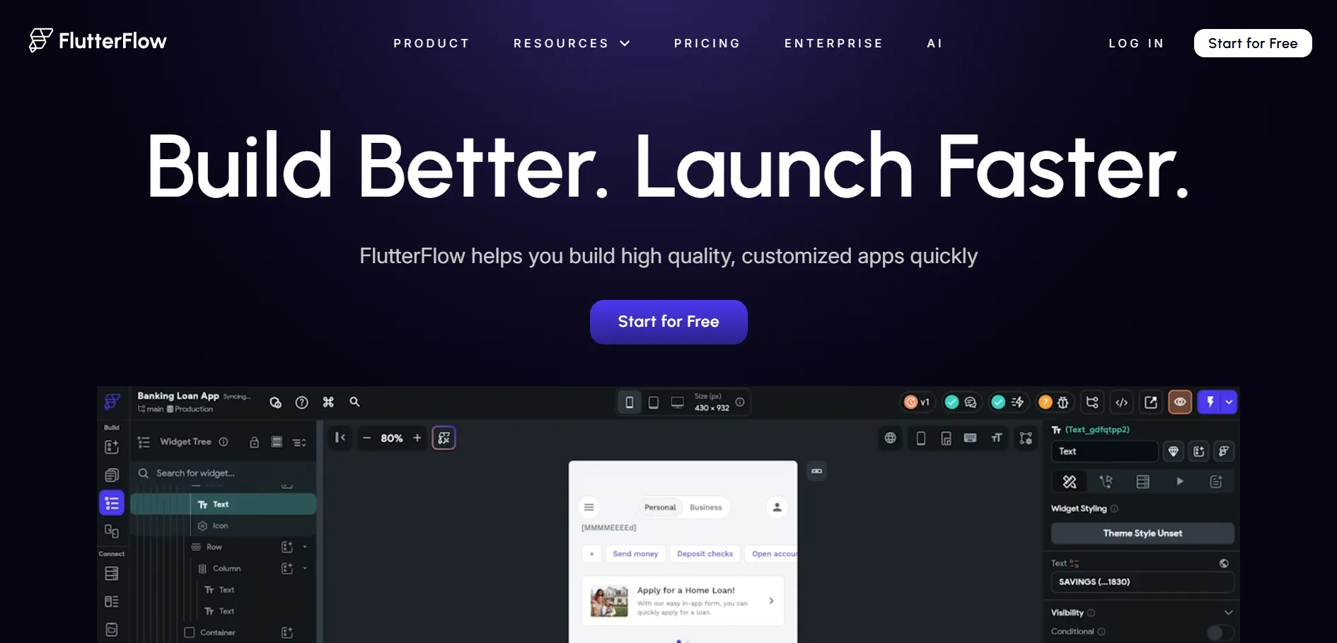 Startseite von FlutterFlow, "Build Better. Launch Faster.", mit visuellem App-Editor, Widget-Baum und einer Banking-App