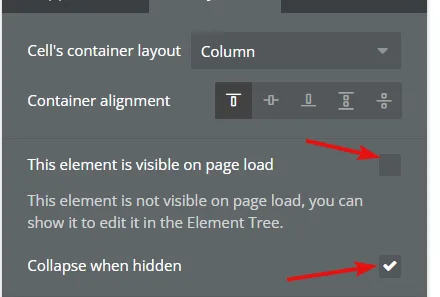 Bubble element settings with arrows at the unchecked 'visible on page load' box and the checked 'Collapse when hidden' box