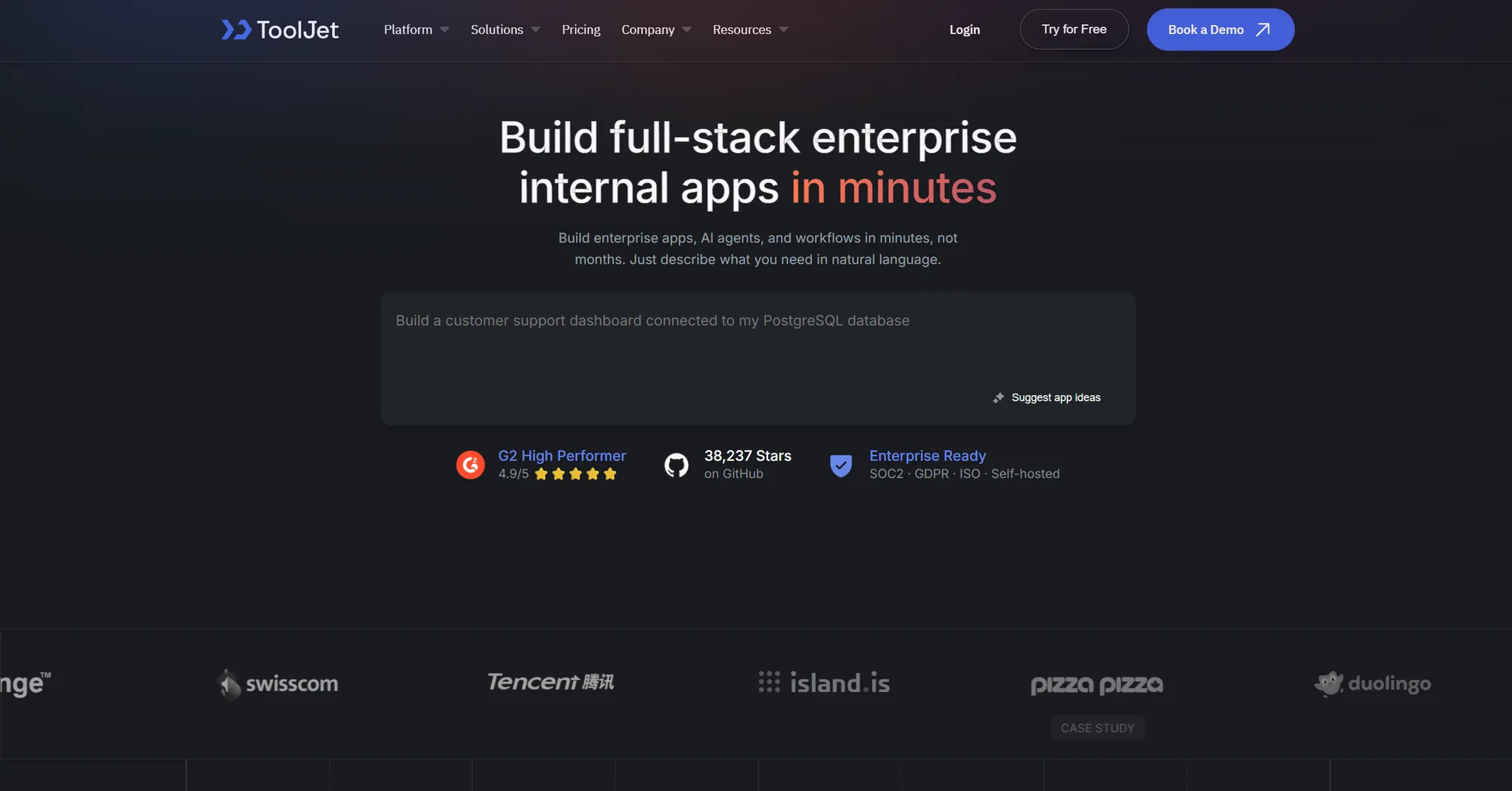 ToolJet homepage: 'Build full-stack enterprise internal apps in minutes' with a prompt box and 38,237 GitHub stars