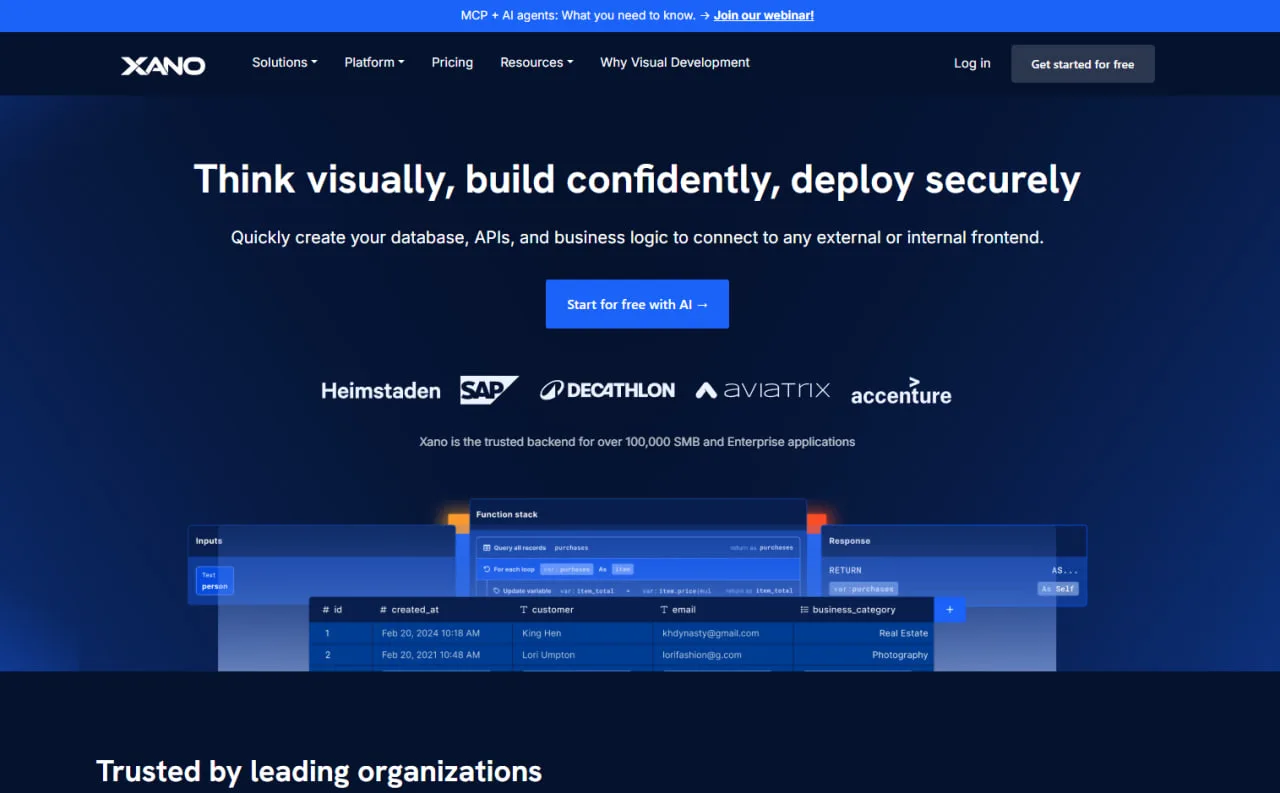 Homepage van een visueel backendplatform: 'Think visually, build confidently, deploy securely' met een functiestack-preview